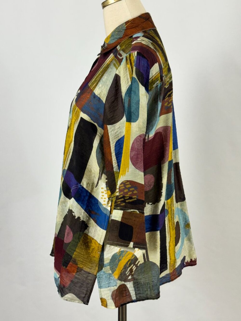 Ali Miles Abstract Geometric Button Down Tunic Top Artsy Art to Wear Earth Tones - Picture 6 of 10